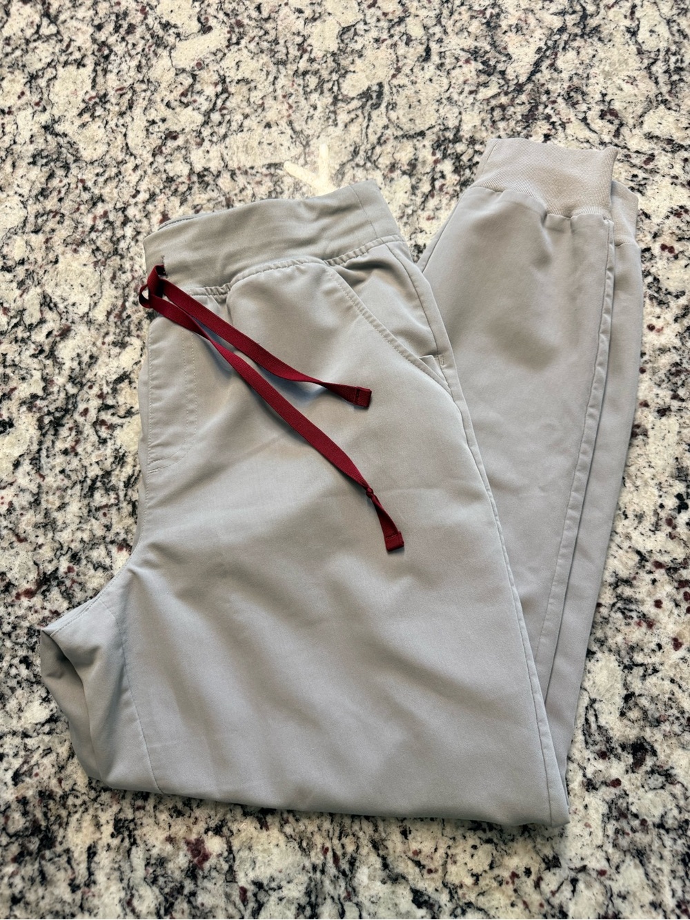 Figs woman’s Zamora  Light Gray Joggers with Burgundy Drawstring cement